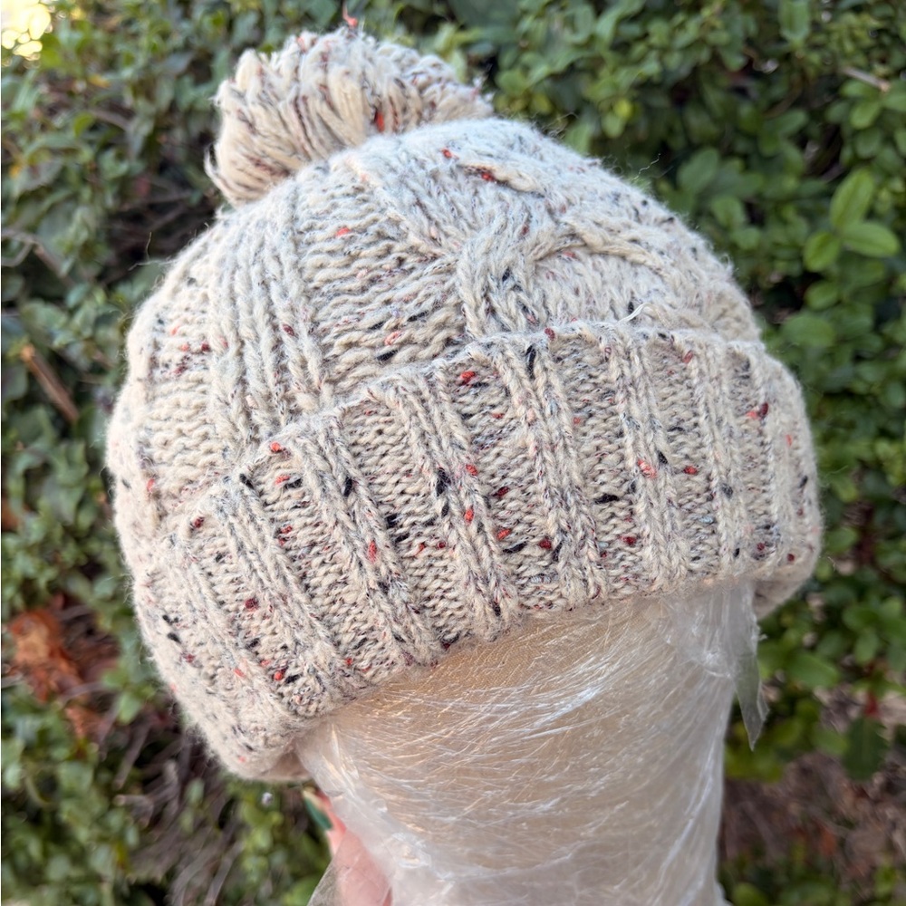 Cream and brown cable knit beanie with pom pom